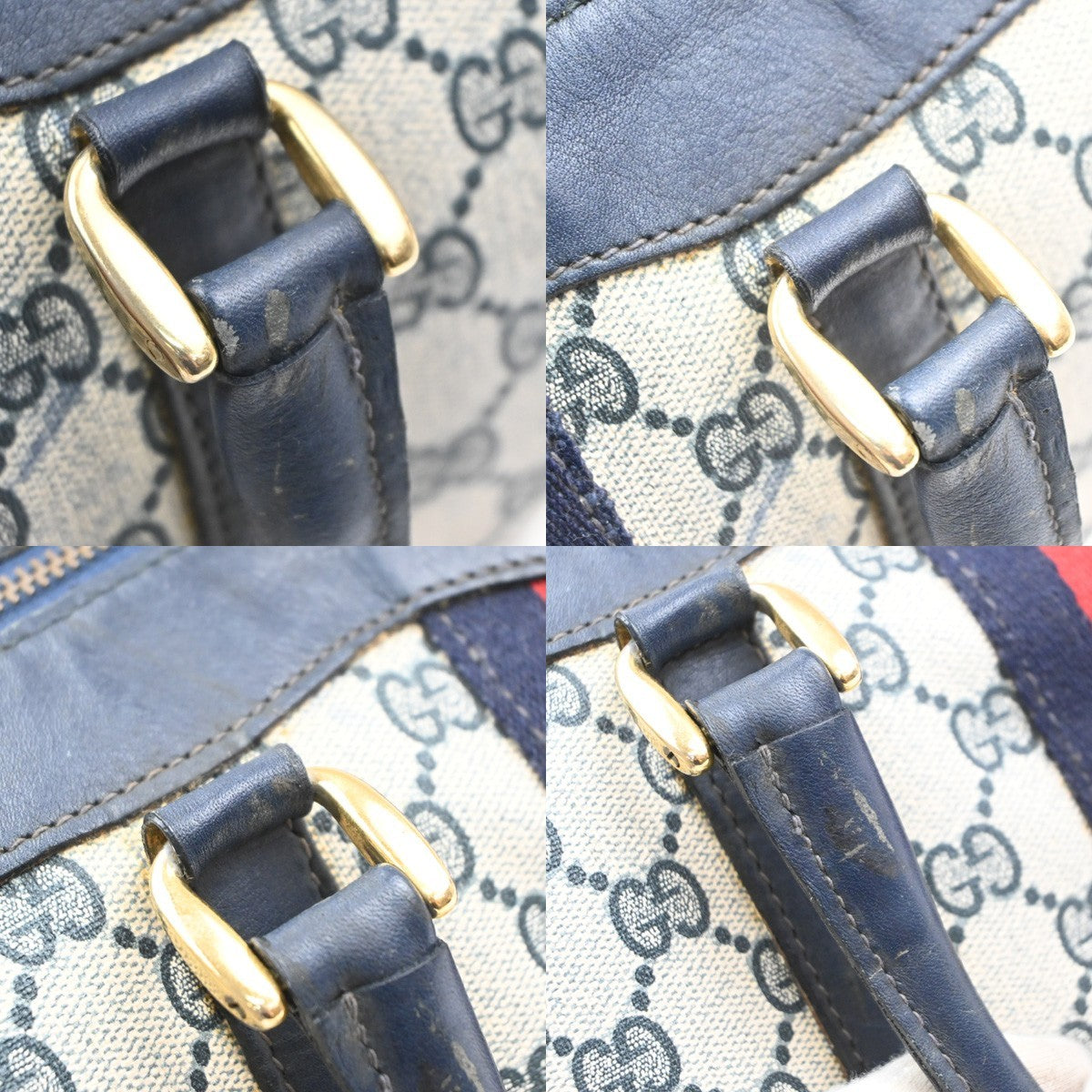 GUCCI Logo GG Pattern Sherry Boston Hand Bag PVC Leather Navy Blue Italy 68MA649