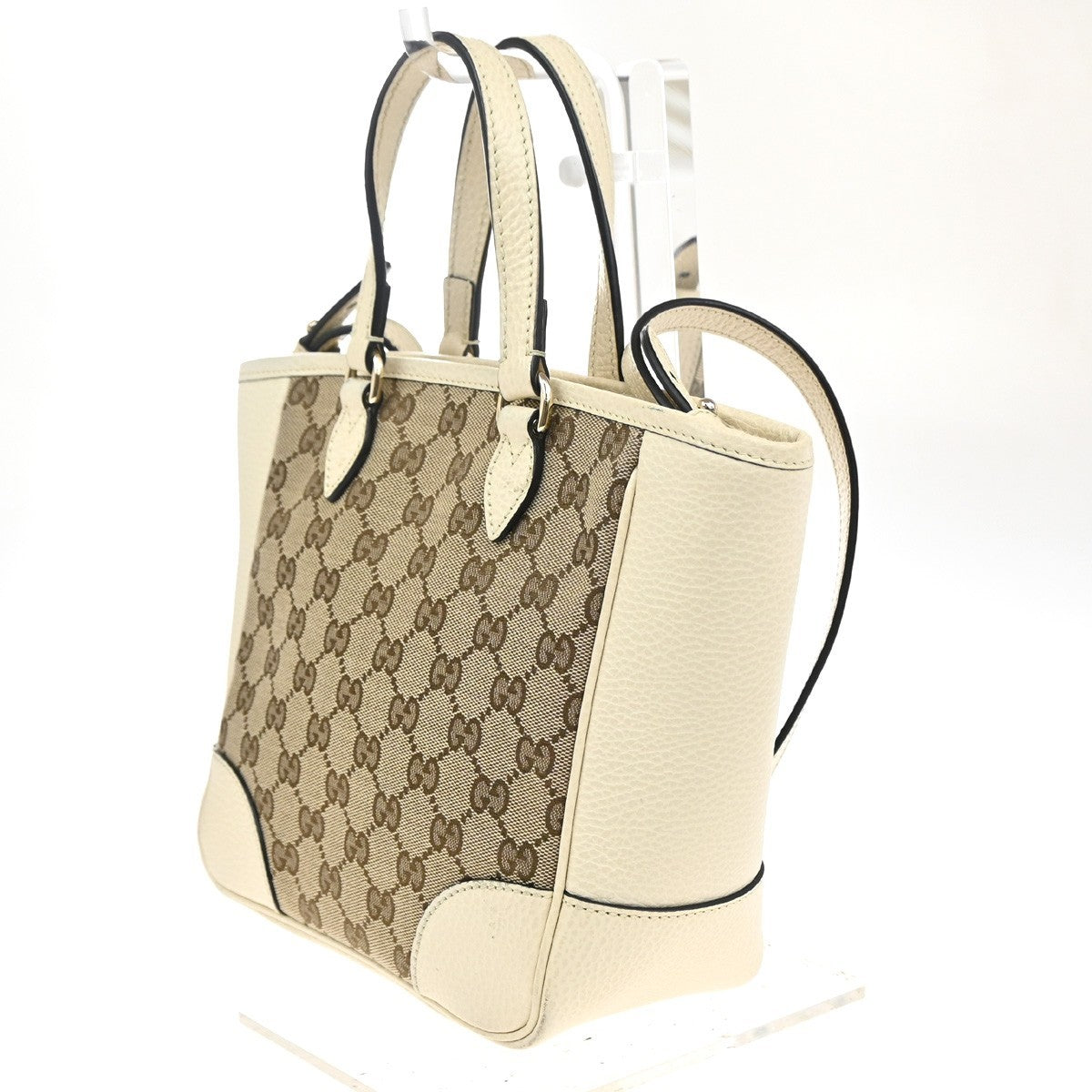 GUCCI GG Logo 2way Shoulder Handbag Canvas Leather Beige White GHW Italy 93KC202