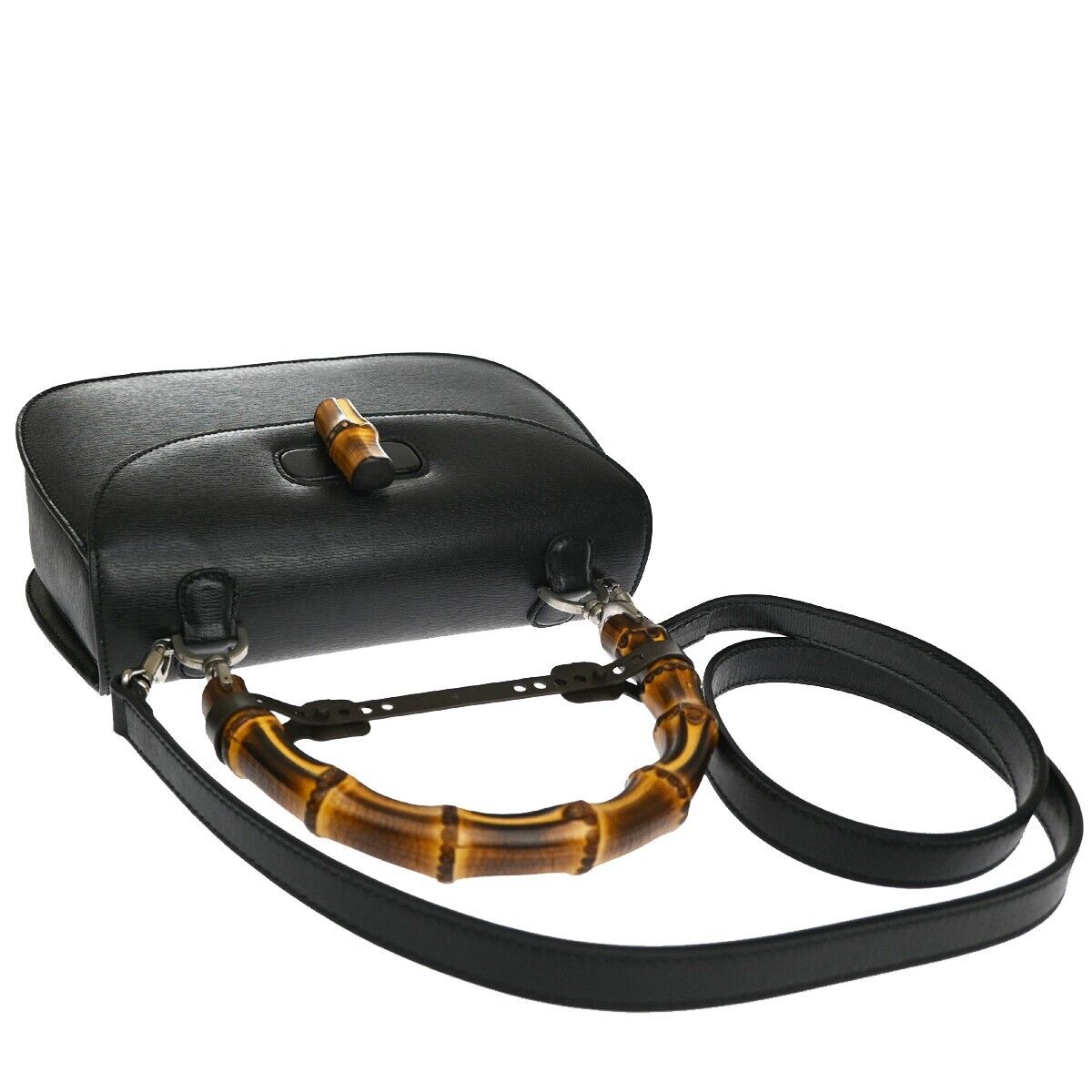 GUCCI Logo Bamboo 2Way Shoulder Hand Bag Leather Black Silver Italy 629RH724