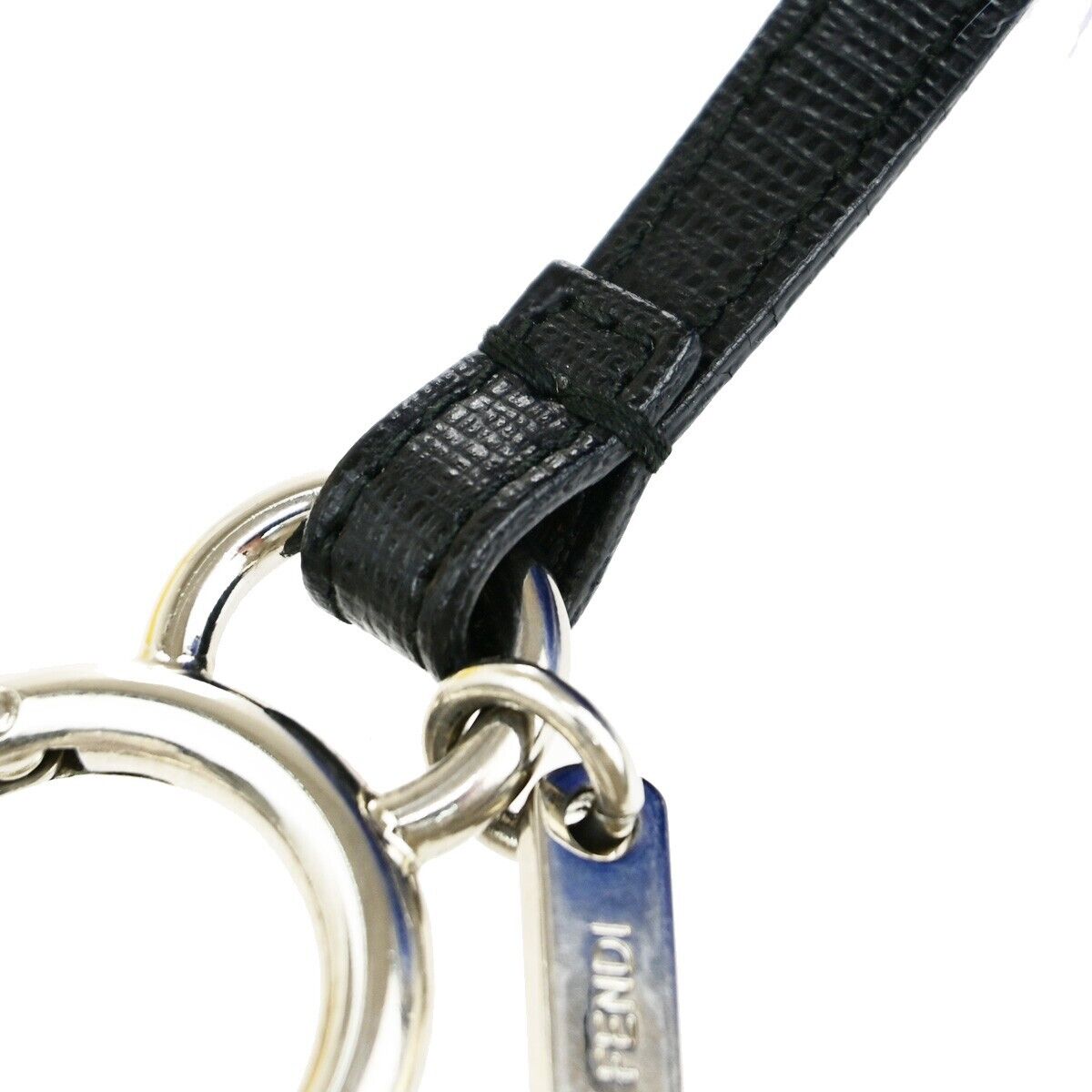 FENDI Logo Pompom Bag Charm Key Ring Chain Fur Leather Blue White SHW 04KA449