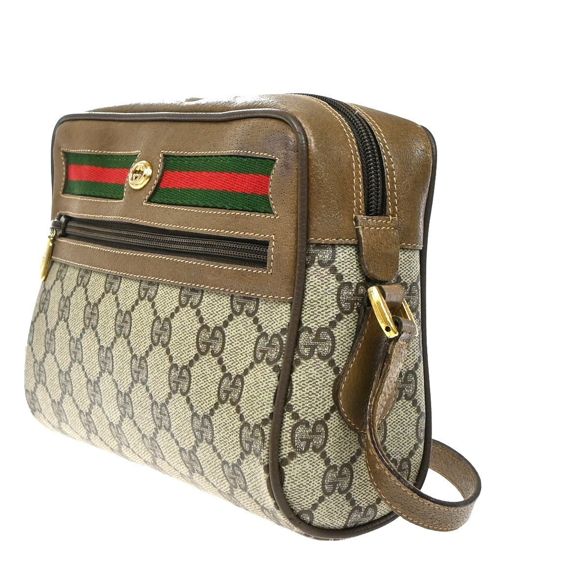 GUCCI Logo Web Sherry GG Pattern Shoulder Bag PVC Leather Brown Italy 67YJ168