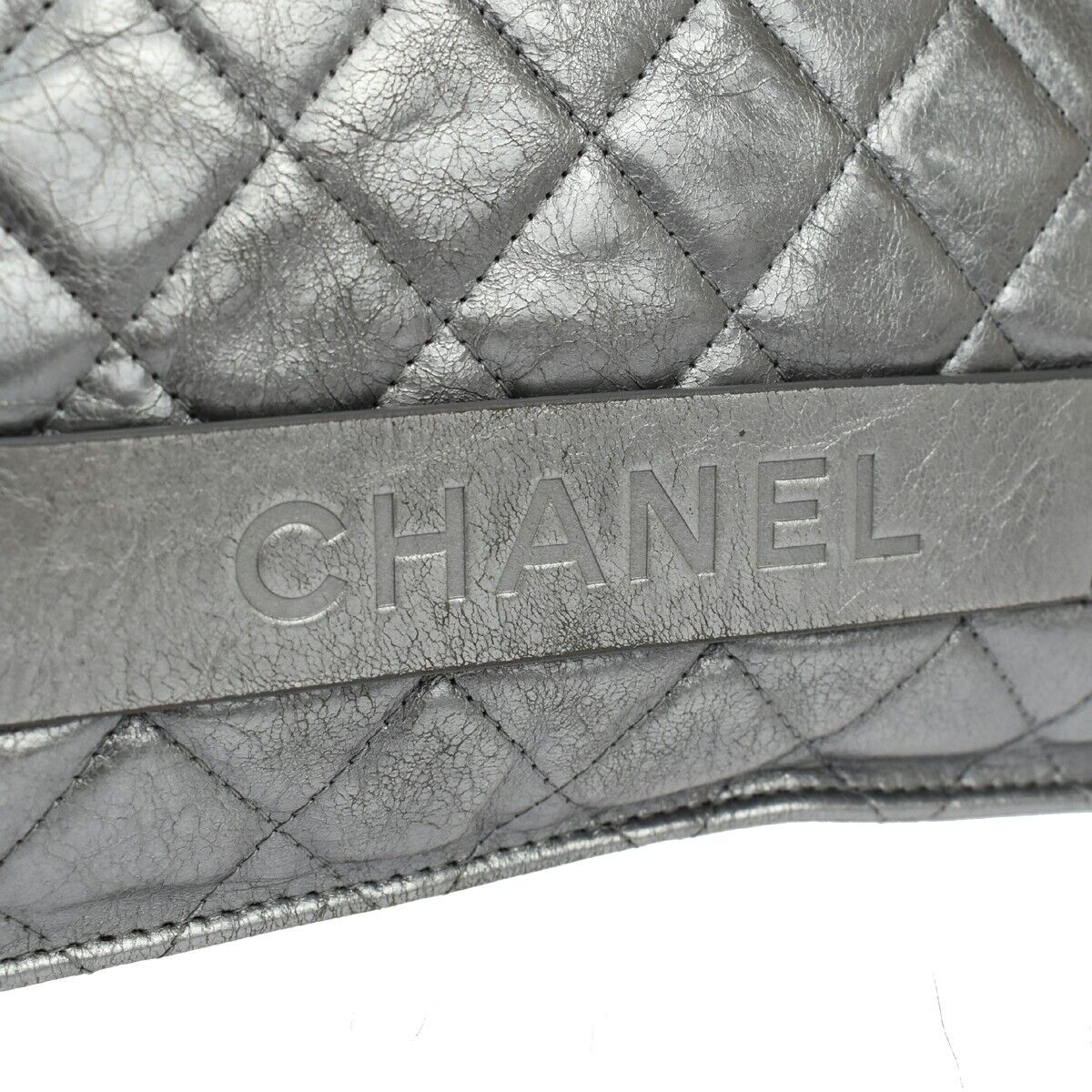 CHANEL Logo Matelasse Clutch Hand Bag Leather Silver Italy 89GA417
