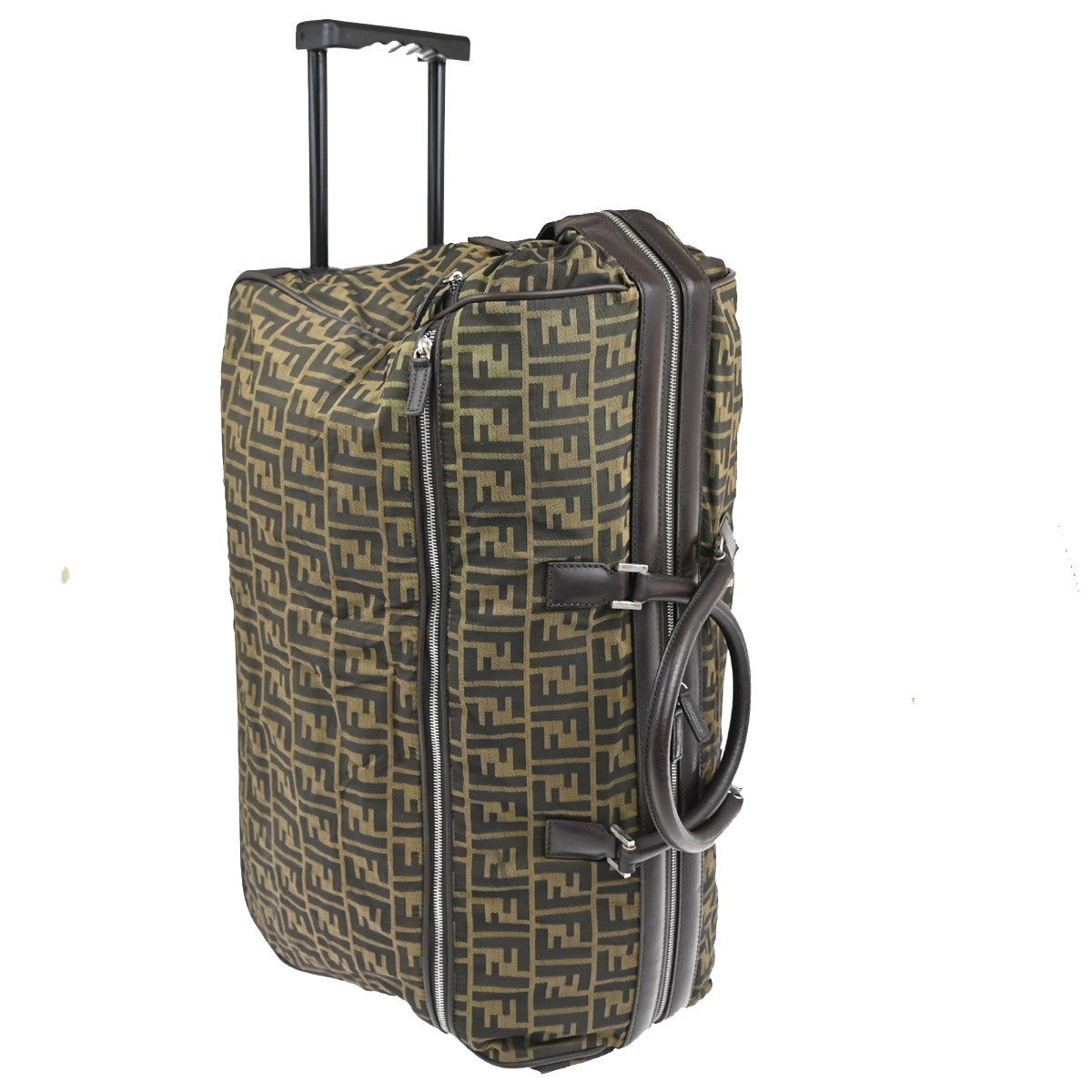 FENDI Zucca Rolling Duffel Bag Trolley Case Canvas Leather Brown SHW 70KB650