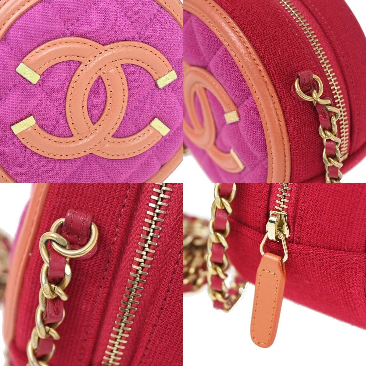 CHANEL CC Round Mini Chain Shoulder Bag Canvas Leather Red Magenta 377RH640