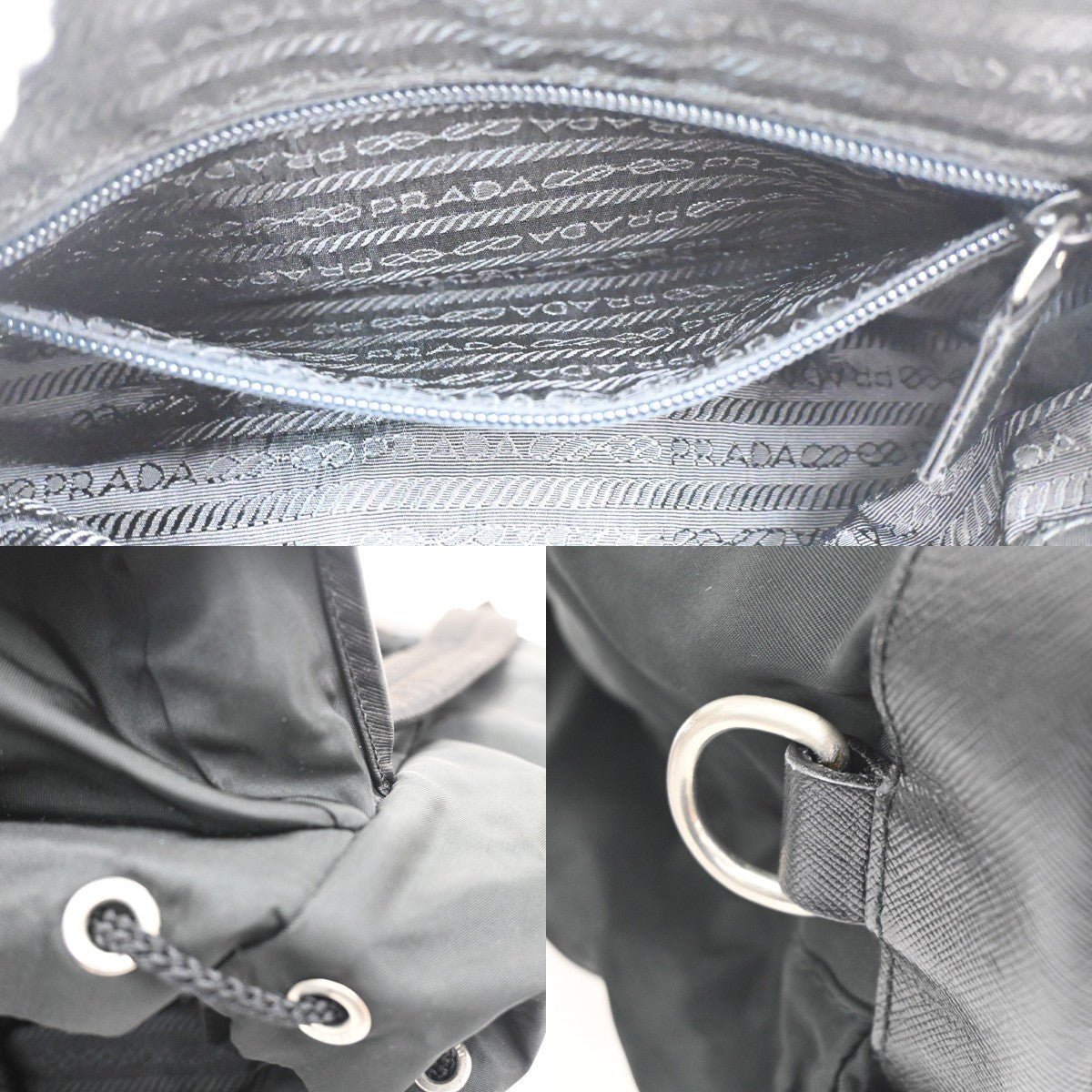 PRADA Logo Drawstring Backpack Bag Tessuto Nylon Leather Black Silver 70KC163