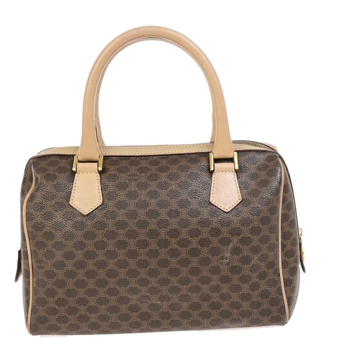 CELINE Logo Macadam Pattern Travel Hand Boston Bag PVC Leather Brown 37FB222