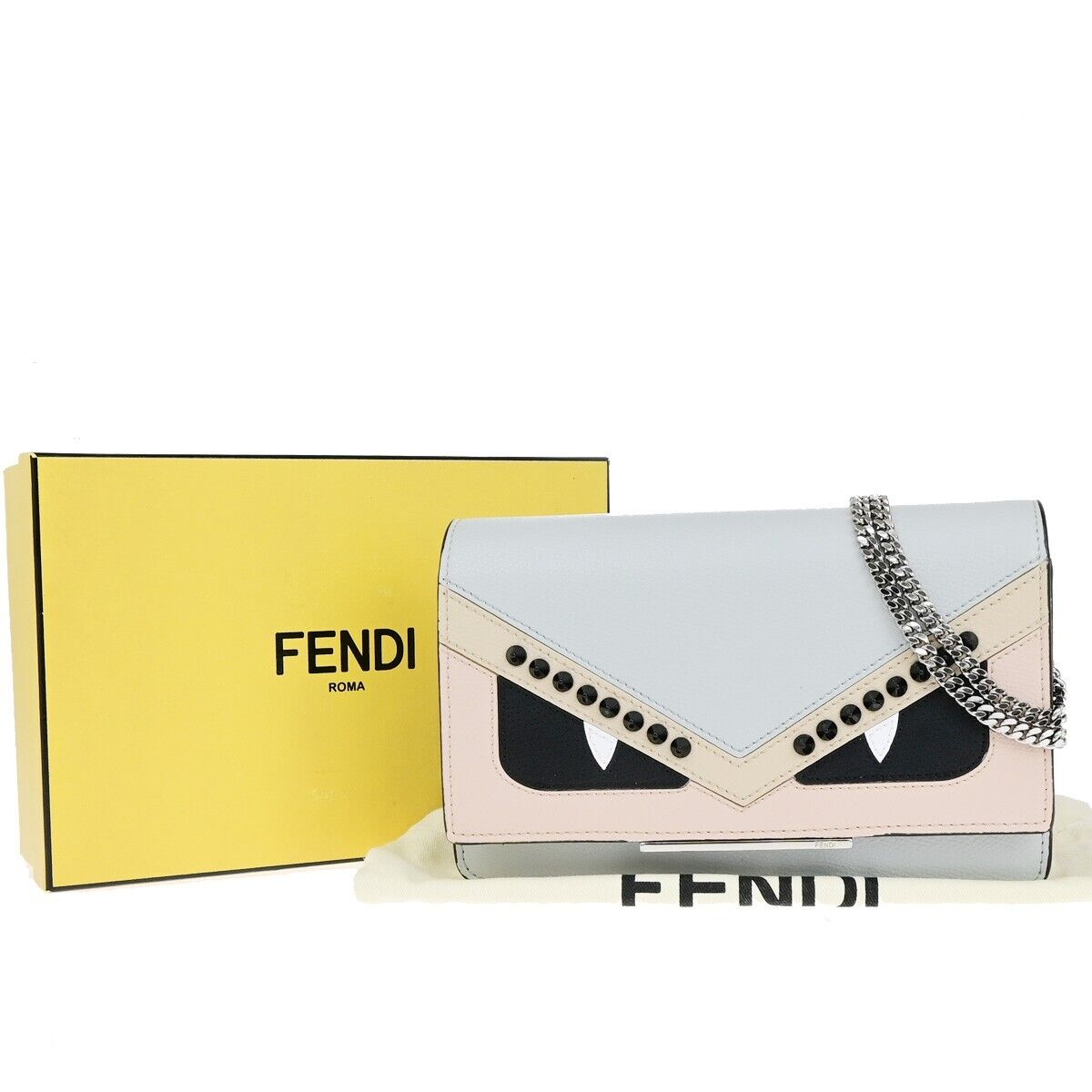 FENDI Logo Monster BAG BUGS Mini Shoulder Bag Wallet Leather Gray Pink 85EB625