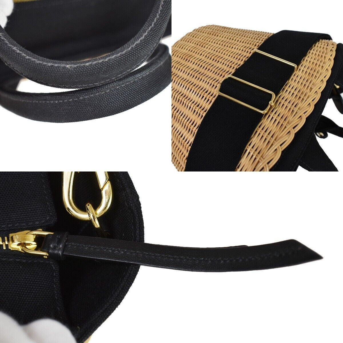 PRADA Logo Midollino Wicker 2Way Shoulder Hand Bag Canvas Leather Black 631RH131
