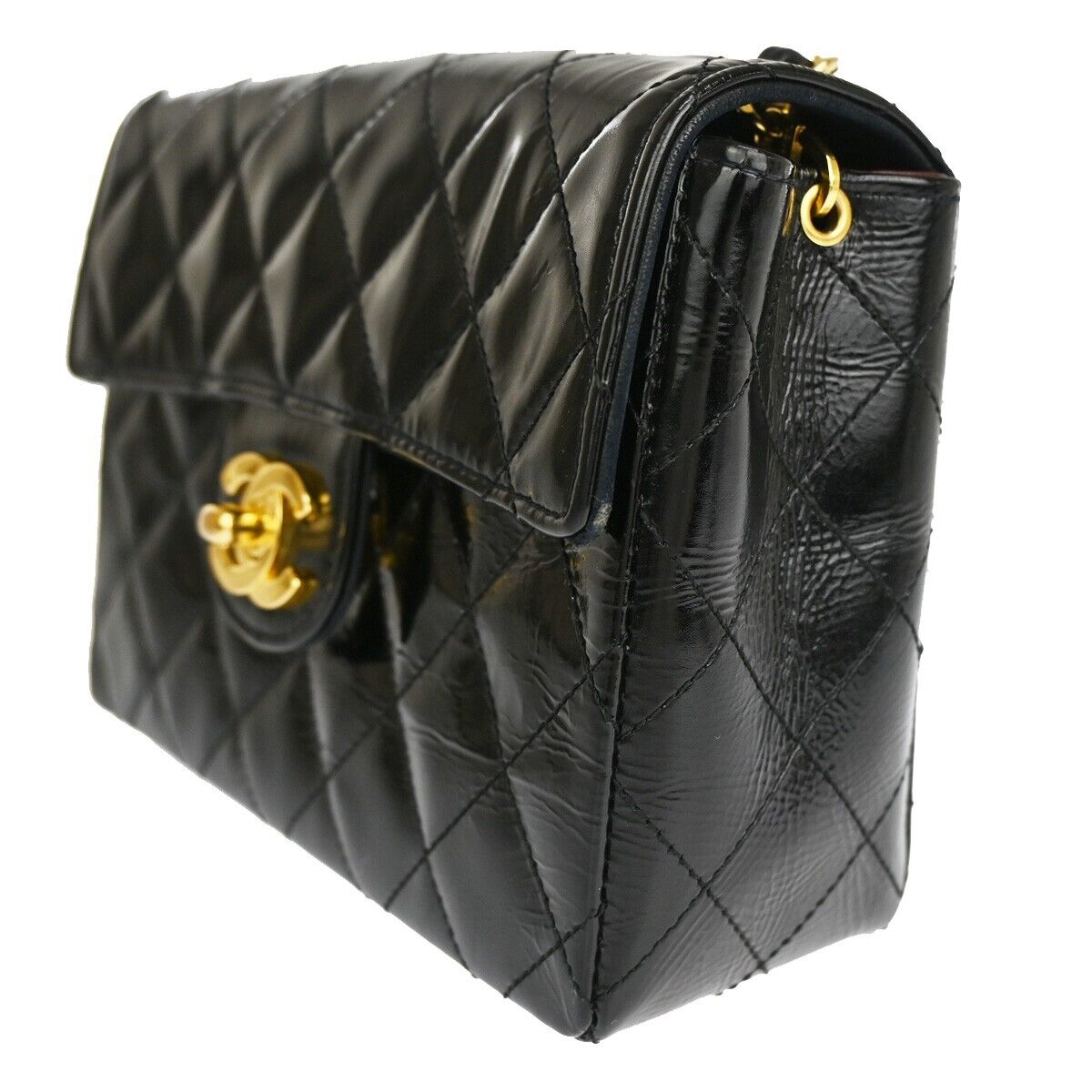 CHANEL CC Mini Matelasse Chain Shoulder Bag Patent Leather Black GHW 332RJ334