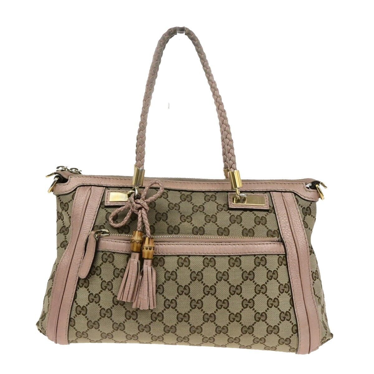 GUCCI Logo GG Pattern Shoulder Tote Bag Bamboo Canvas Leather Brown Pink 30EE118