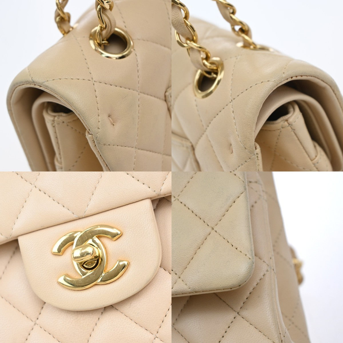 CHANEL CC Matelasse 25 Double Flap Chain Shoulder Bag Leather Beige GHW 827RF945