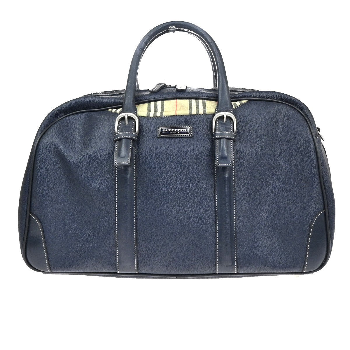 BURBERRY Golf Logo Nova Check Pattern Boston Bag Leather Navy Beige SHW 05CB019
