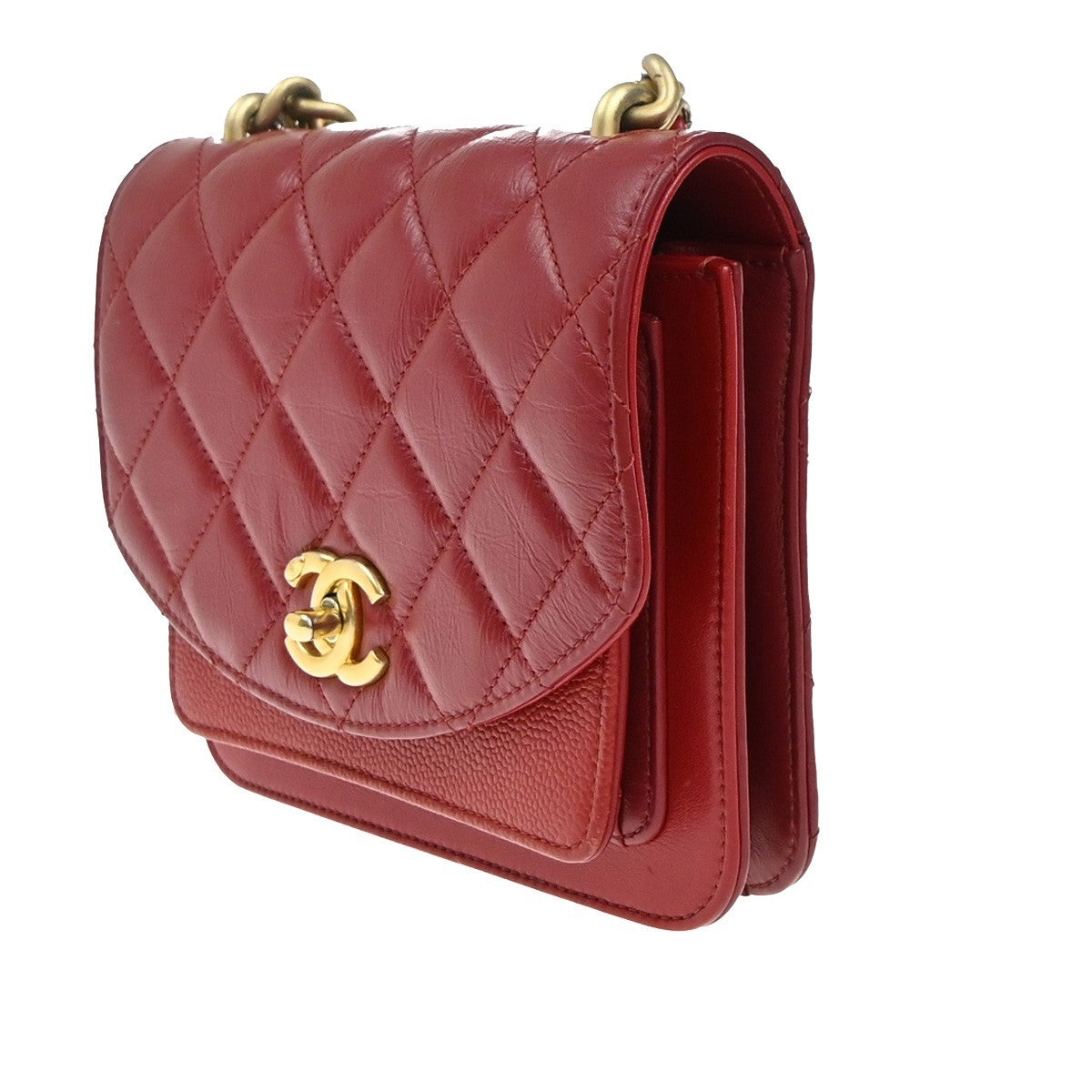 CHANEL CC 2Way Matelasse Chain Shoulder Hand Bag Calfskin Leather Red 369RP075