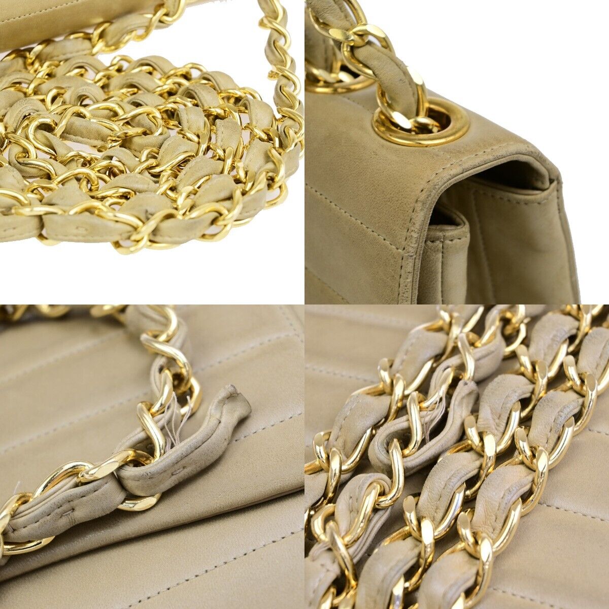 CHANEL CC Horizontal Stitch 30 Chain Shoulder Bag Leather Beige Vintage 653RF229
