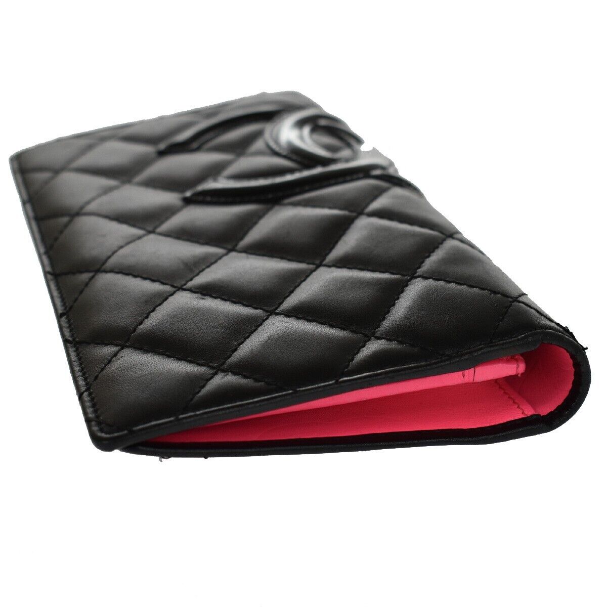 CHANEL CC Logo Cambon Long Bifold Wallet Leather Black Pink Italy 87SH089
