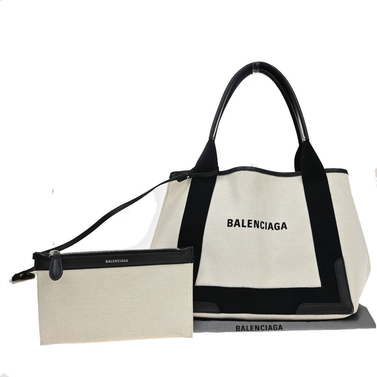 BALENCIAGA Logo Navy Cabas S Hand Tote Bag Canvas Leather Black White 34EF266
