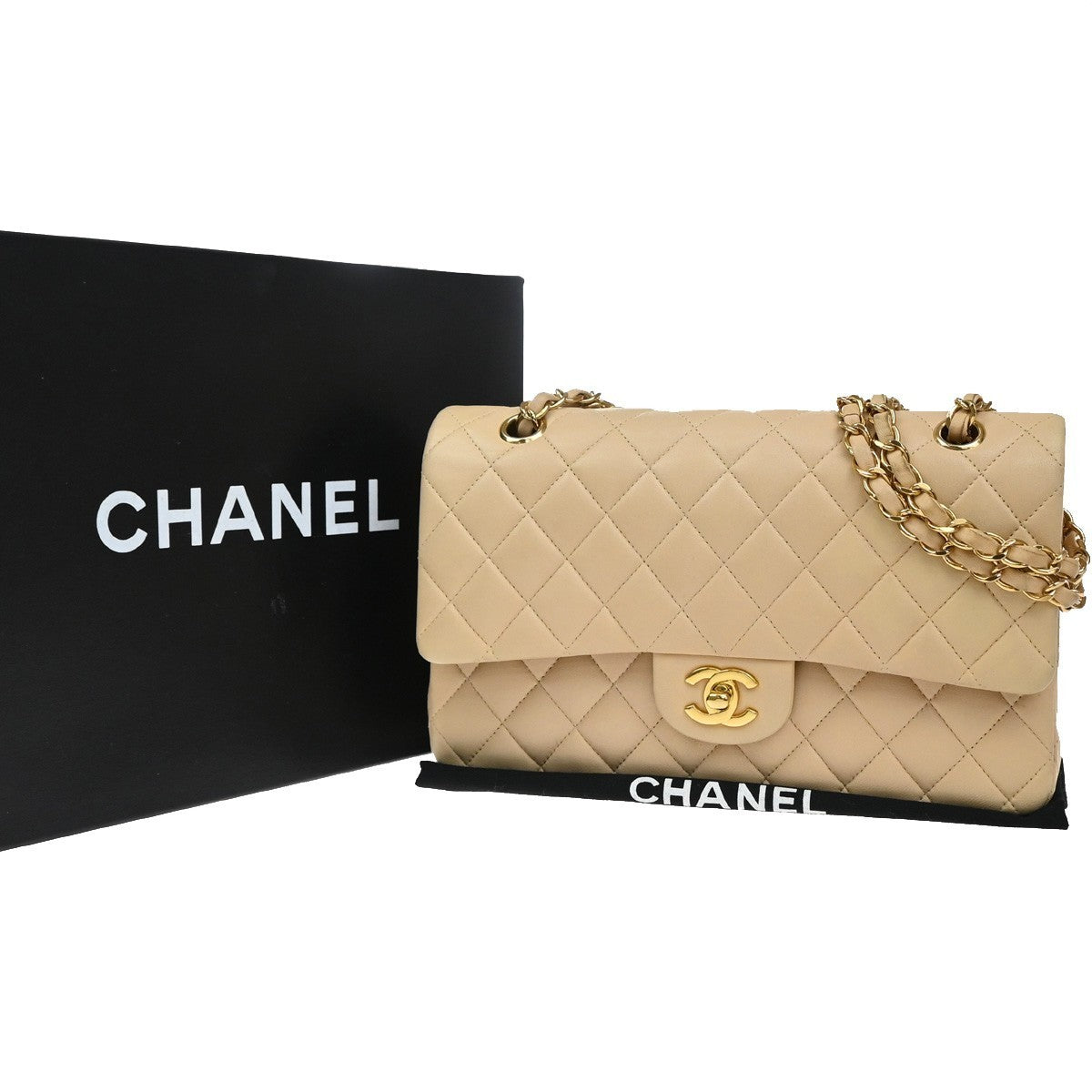 CHANEL CC Matelasse 25 Double Flap Chain Shoulder Bag Leather Beige GHW 827RF945