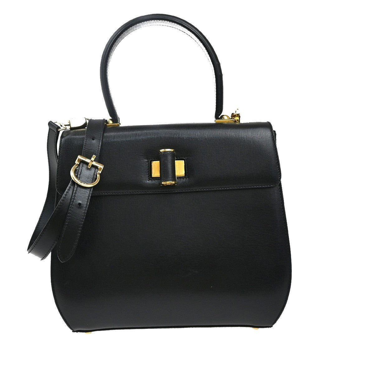 SALVATORE FERRAGAMO Gancini 2Way Shoulder Hand Bag Leather Black GHW 68KP367