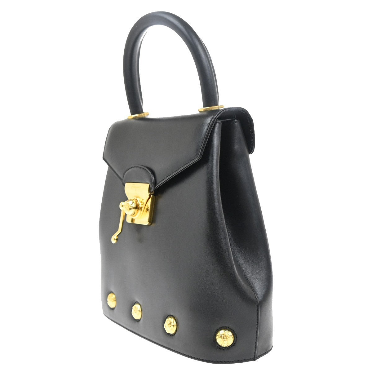 SALVATORE FERRAGAMO Logo Studded Top Handle Bag Leather Black Italy 36RL722