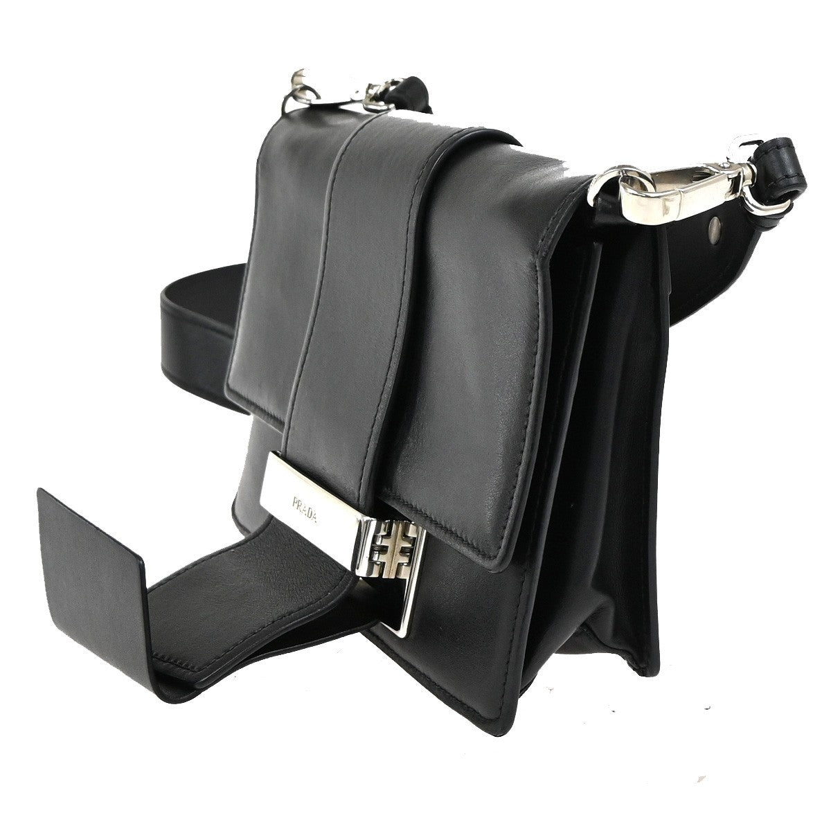 PRADA Logo Metal Ribbon Mini Shoulder Bag City Calf Leather Black SHW 79YJ076