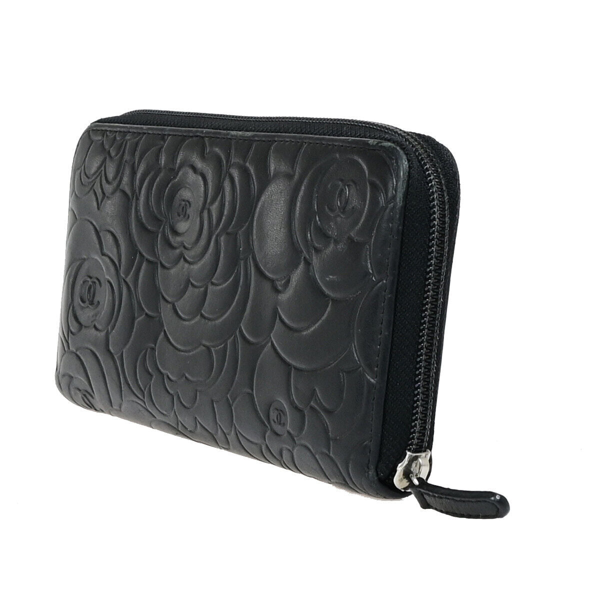CHANEL CC Logo Camellia Pattern Zip Around Long Wallet Leather Black 30EB556