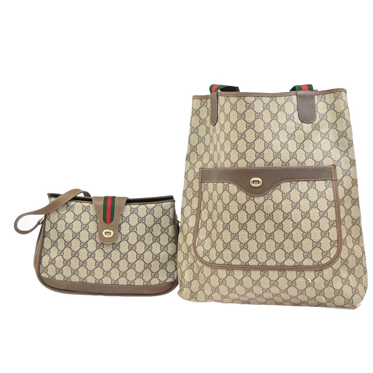 GUCCI Logo Sherry GG Pattern 2set Shoulder Hand Bag PVC Leather Beige 86KC963