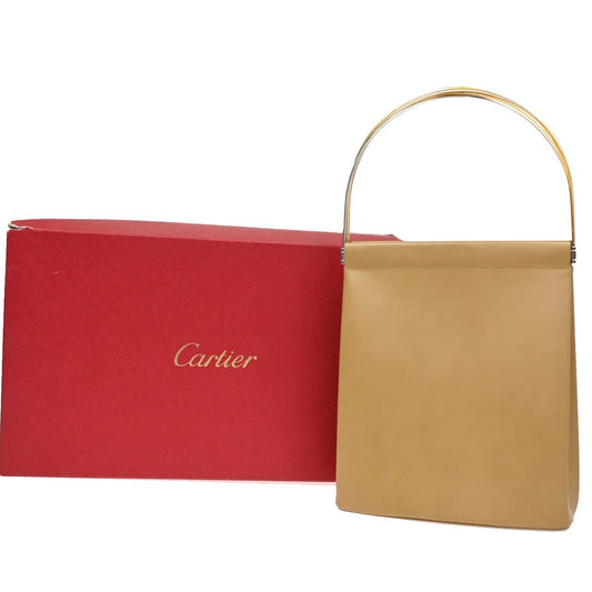 CARTIER Logo Trinity Tricolor Metal Handle Hand Bag Leather Beige France 76KB794