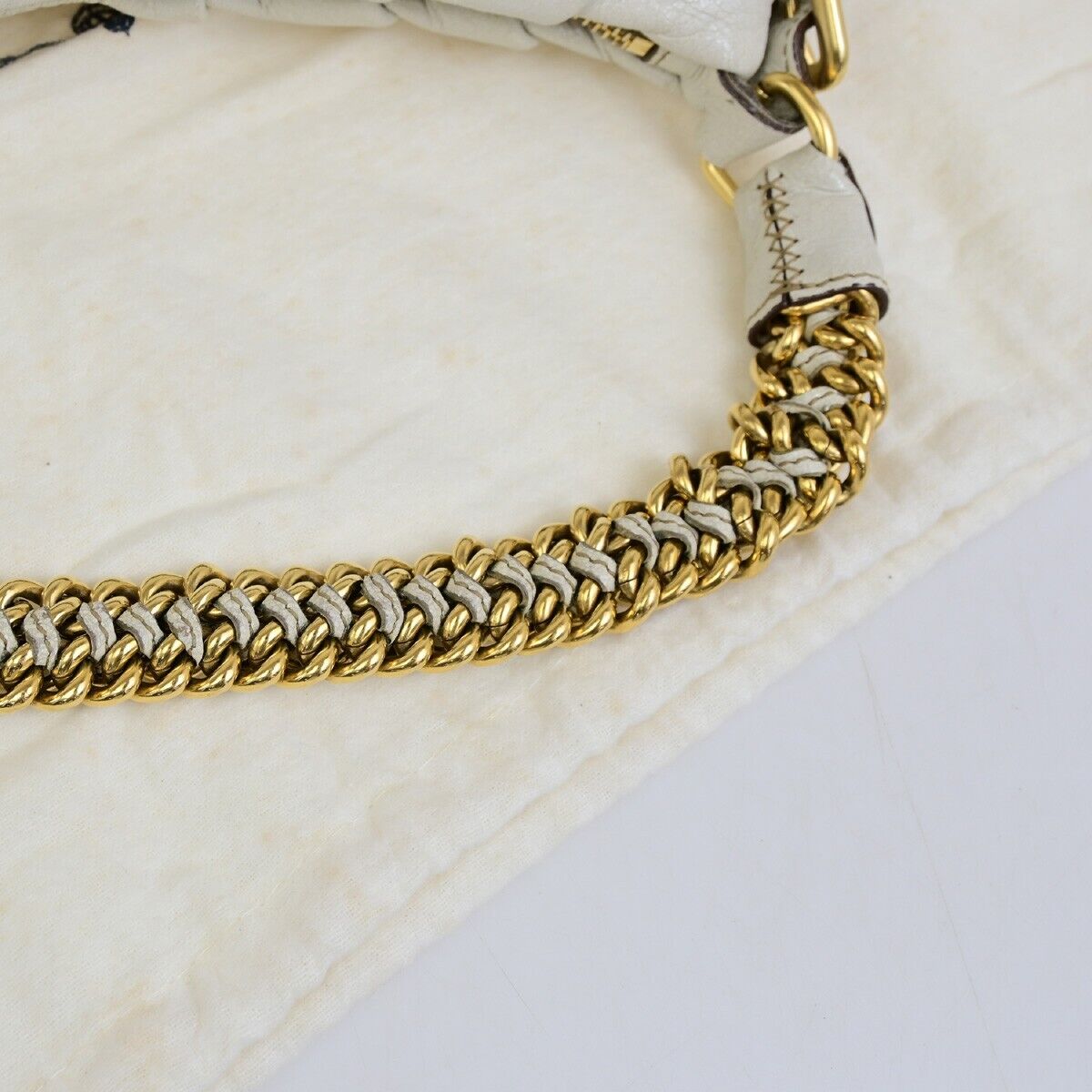 PRADA Logo Cervo Lux Chain Shoulder Hobo Bag Leather White GHW 84FB371