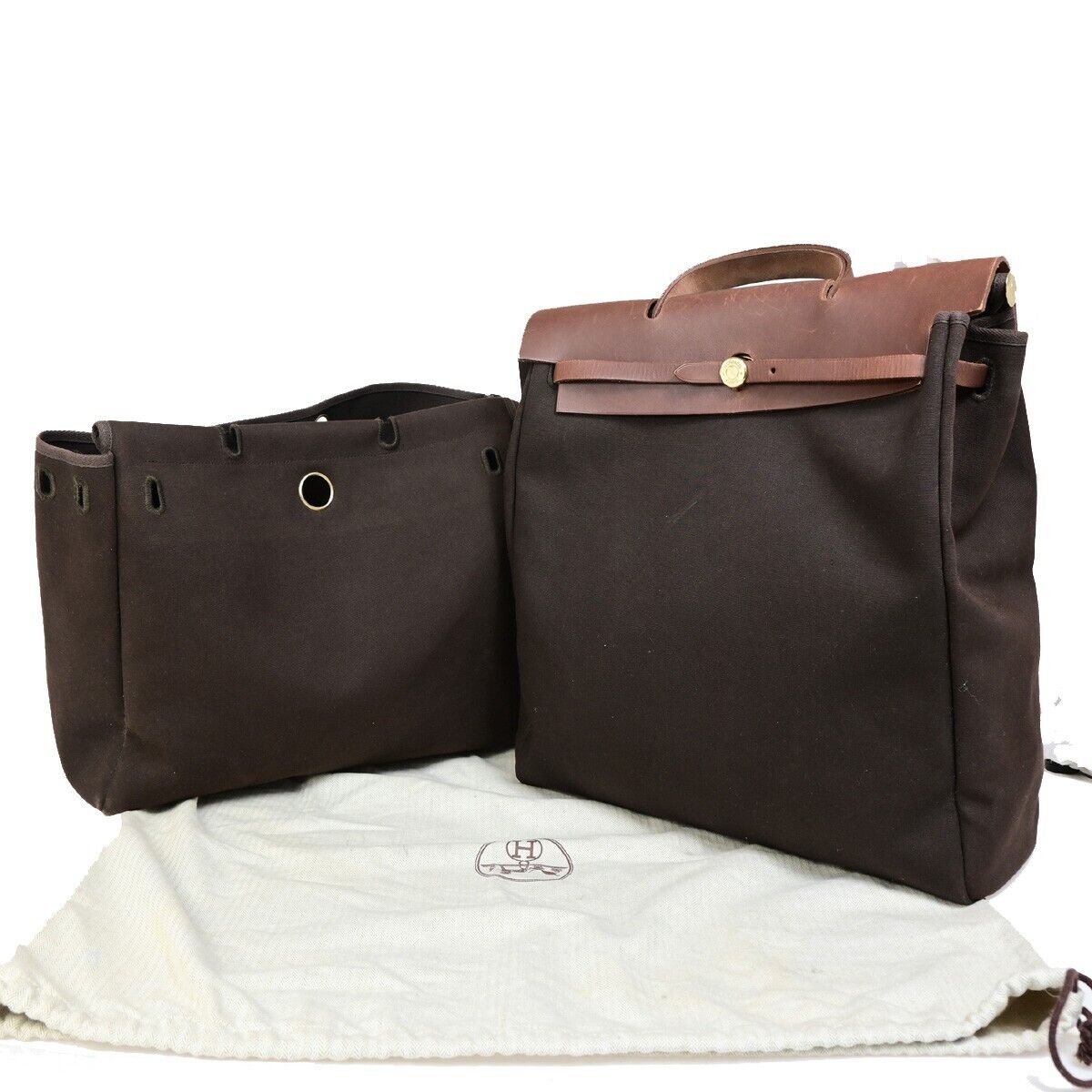 HERMES Logo Her Bag MM 2 In 1 Hand Tote Bag Toile Officier Leather Brown 29EB177
