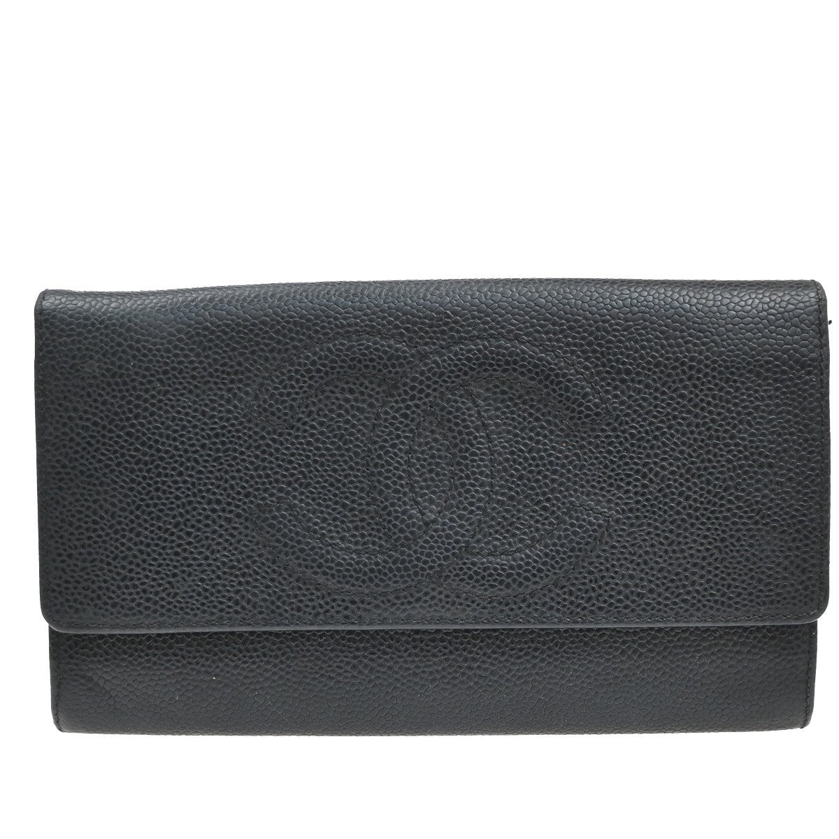 CHANEL CC Logo Bifold Long Wallet Grained Calfskin Leather Black Italy 65MA653