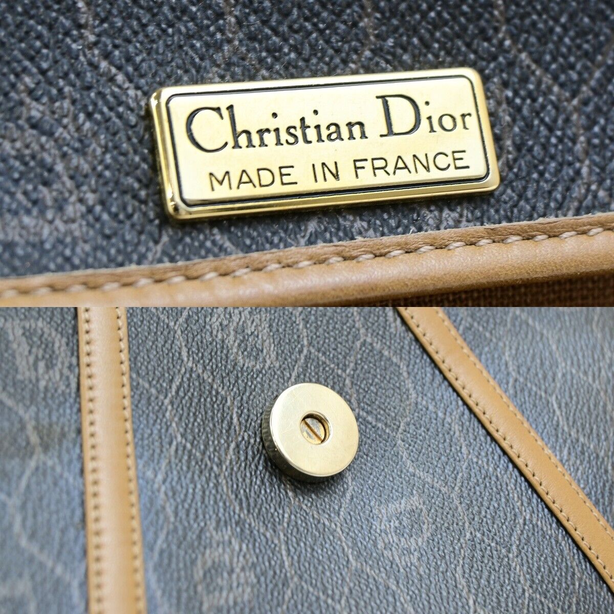 CHRISTIAN DIOR Logos Honeycomb Shoulder Bag PVC Leather Brown Gold 65EC892