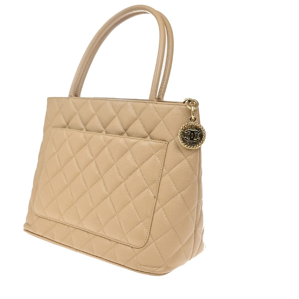 CHANEL Medallion Matelasse Shoulder Bag Grained Calfskin Leather Beige 648RF884