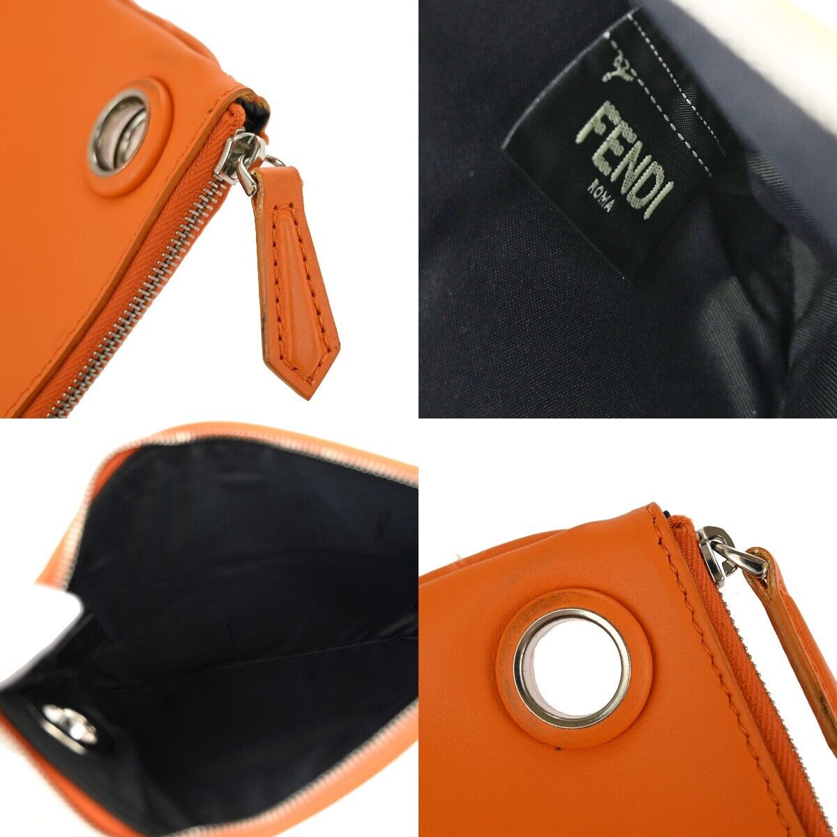 FENDI FF Logo Triplette Pouch Studs Leather Black Orange Pink Italy 35YE400