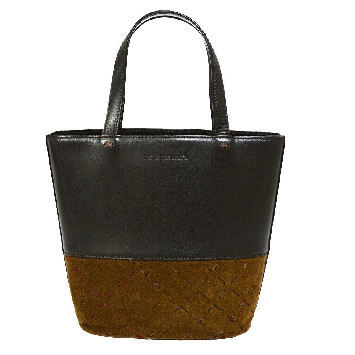 BURBERRY Logo Bicolor Hand Tote Bag Leather Suede Brown 05EB902