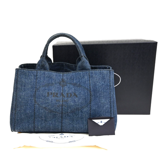 PRADA MILANO Logo Canapa Tote Handbag Denim Canvas Navy Blue GHW 16CA844
