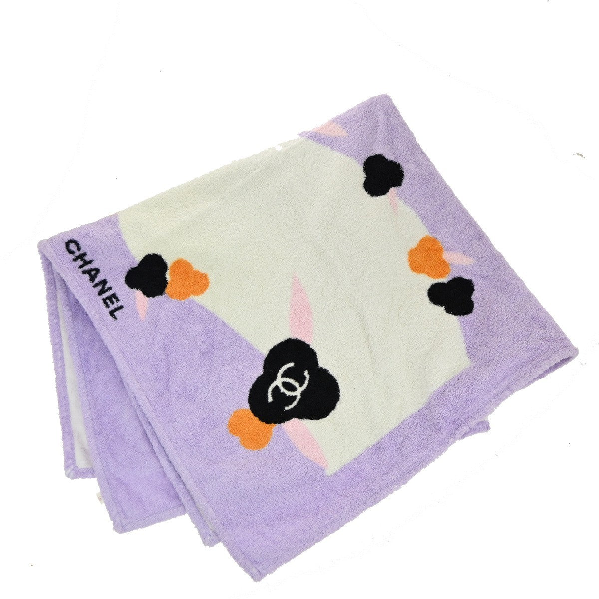 CHANEL CC Logo Camellia Large Beach Towel 100% Cotton Purple White 01KP556