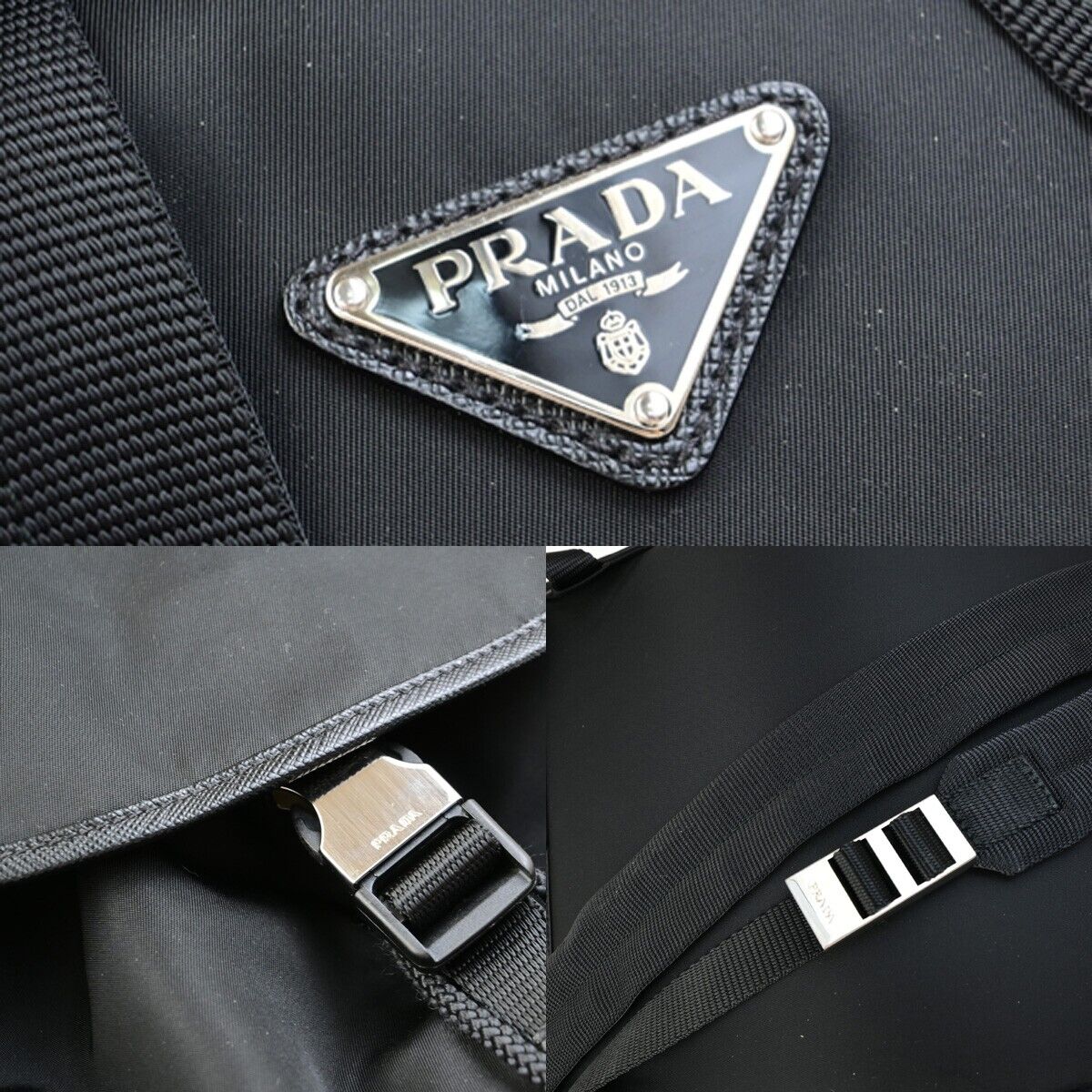 PRADA MILANO Logo Backpack Bag Nylon Leather Black Silver Made In Italy 91RK723