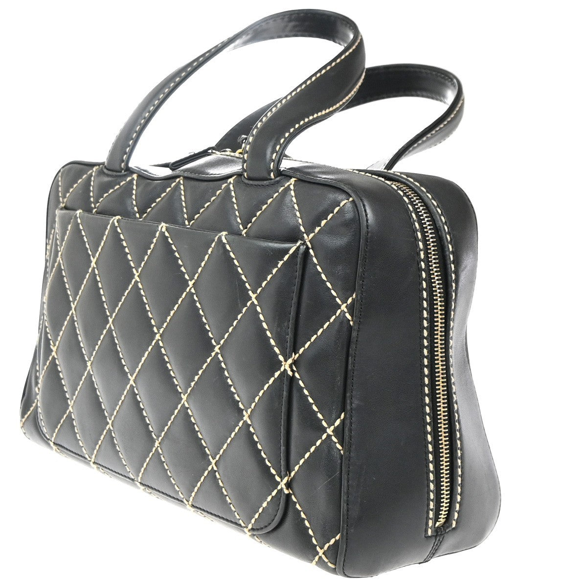 CHANEL CC Logo Wild Stitch Matelasse Hand Tote Bag Leather Black Italy 57RP095