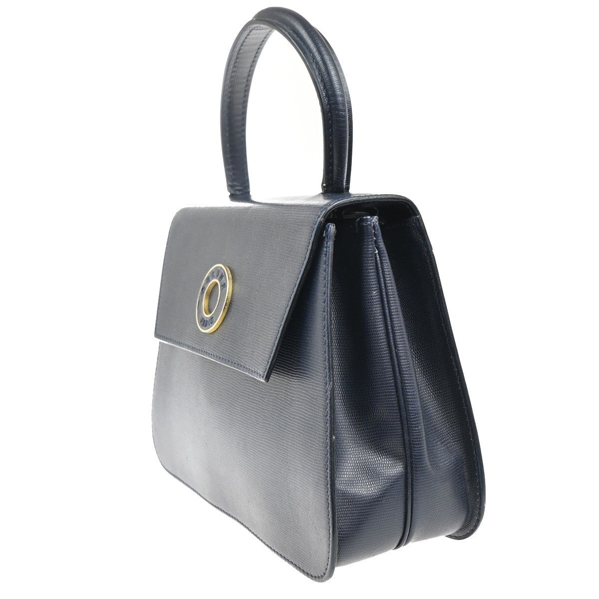 CELINE Circle Logo Tote Hand Bag Embossing Leather Navy Blue GHW 62KC507