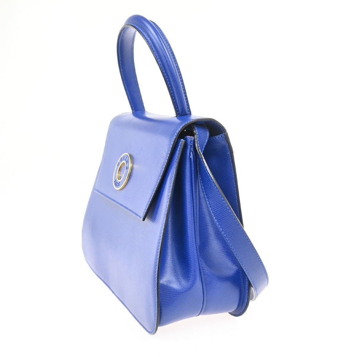 CELINE Circle Logo Shoulder Hand Bag Embossing Leather Blue GHW Italy 70RQ044