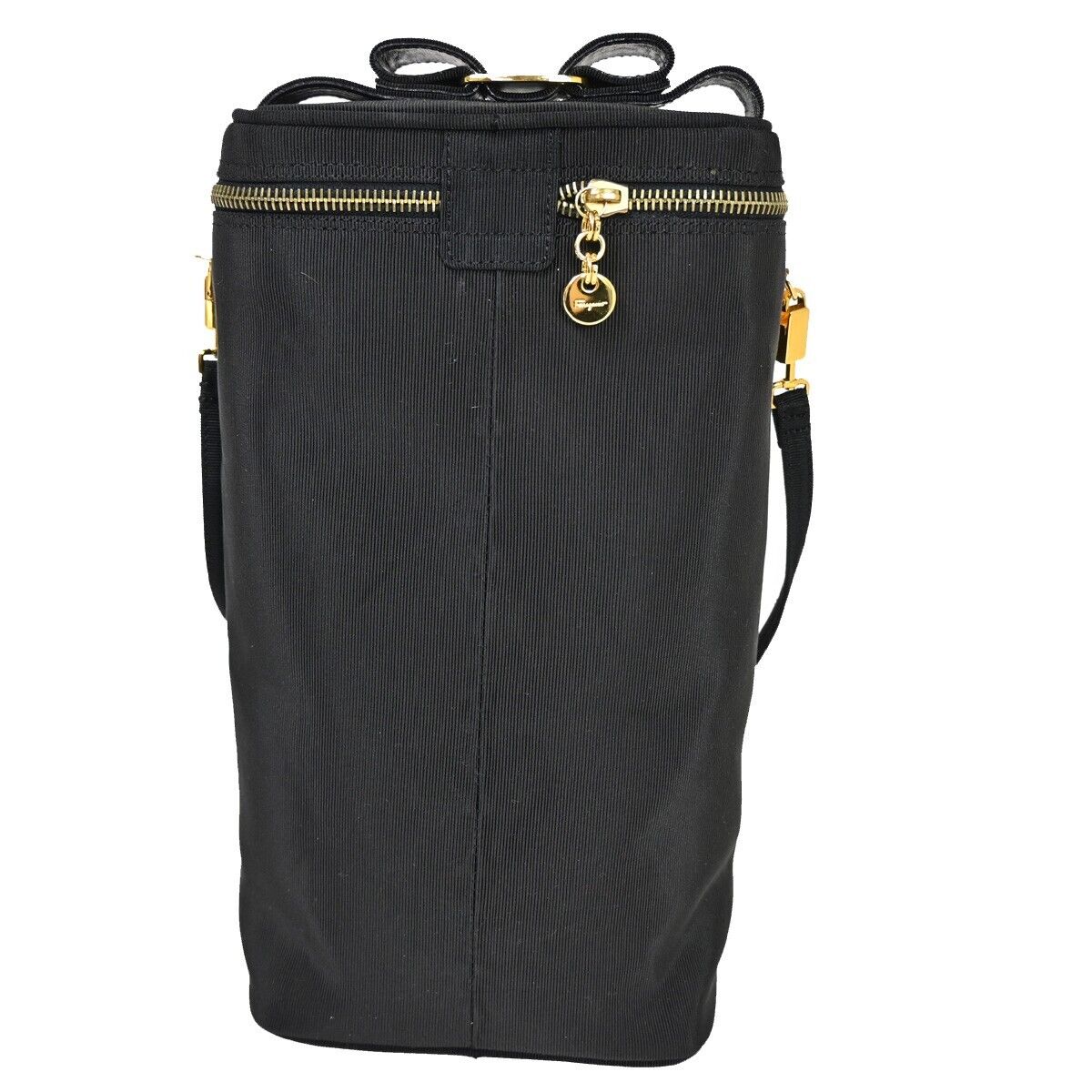 SALVATORE FERRAGAMO Vara Vanity Shoulder Bag Canvas Leather Black Gold 64SH581