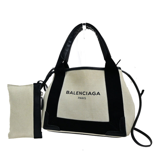 BALENCIAGA Navy Cabas XS 2Way Shoulder Hand Bag Canvas Leather Ivory BK 69YE661