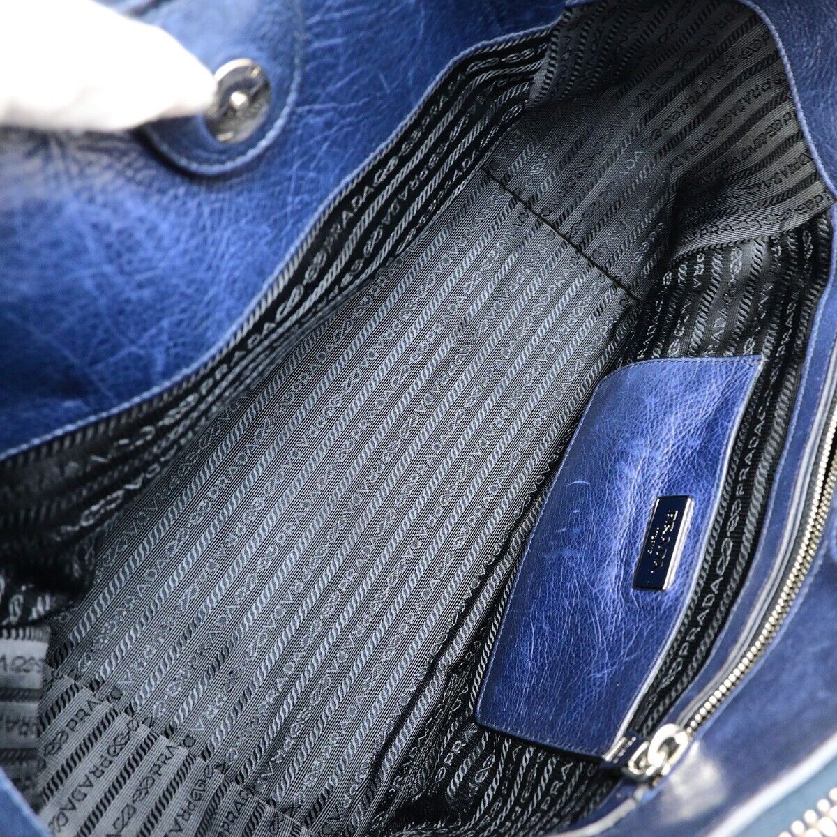 PRADA MILNO Logo 2Way Shoulder Hand Bag Leather Navy Blue Silver-Plated 10ED918