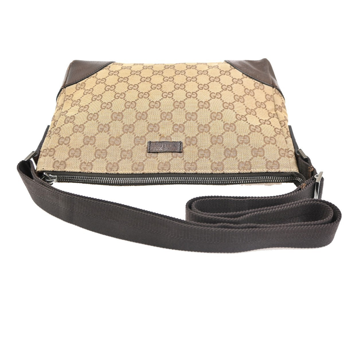 Gucci GG Logo Zipper Crossbody Shoulder Bag Canvas Leather Brown Italy 83PA116