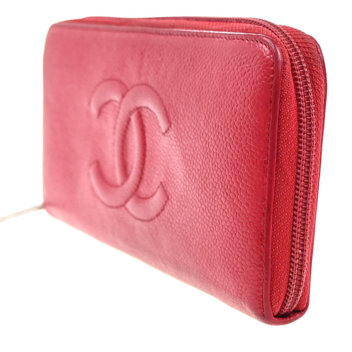 CHANEL CC Logo Zipper Around Wallet Grained Calfskin Leather Red SHW 35KP548