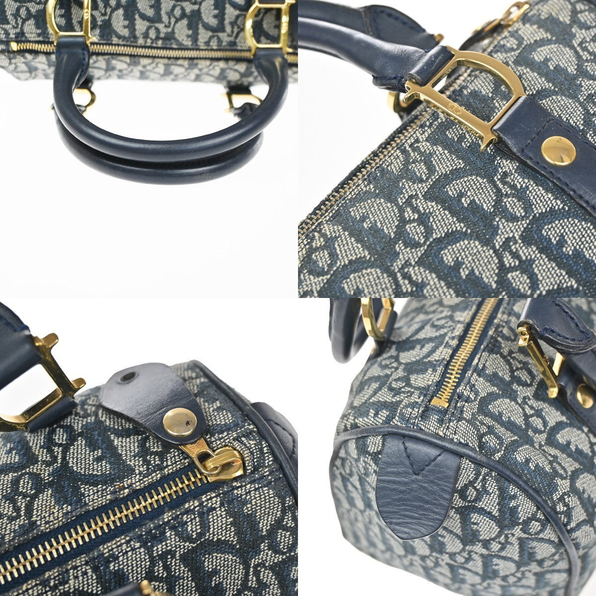 CHRISTIAN DIOR Logo Trotter Pattern Hand Bag Canvas Leather Navy Blue 93YH969