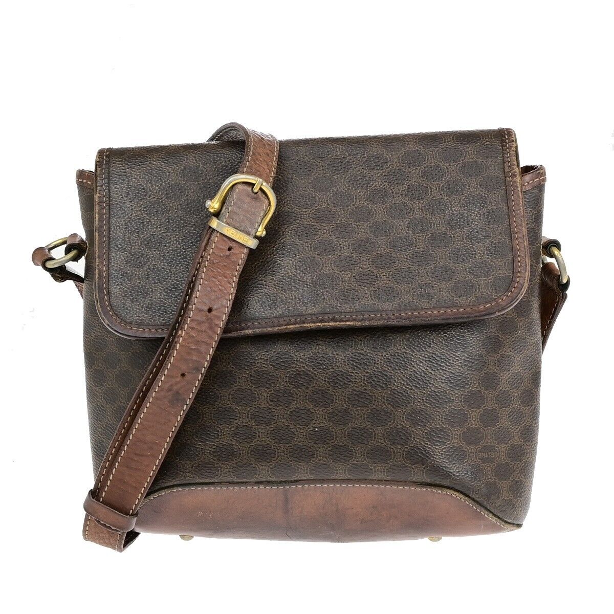 CELINE Logo Macadam Pattern Shoulder Bag PVC Leather Brown Italy Gold 08EB711