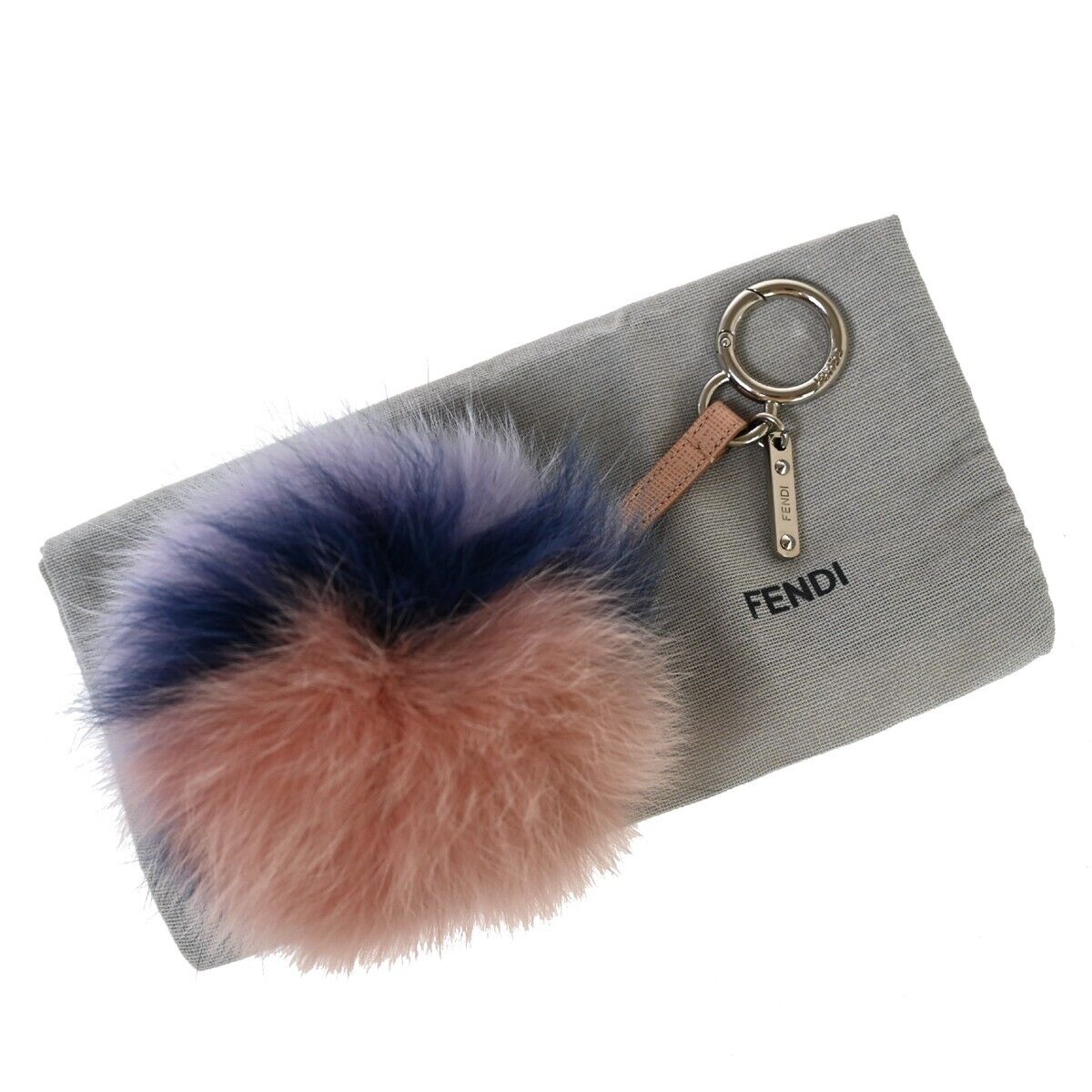 FENDI Logo Pompom Bag Charm Key Chain Fox Fur Leather Multicolor Pink 04GA320