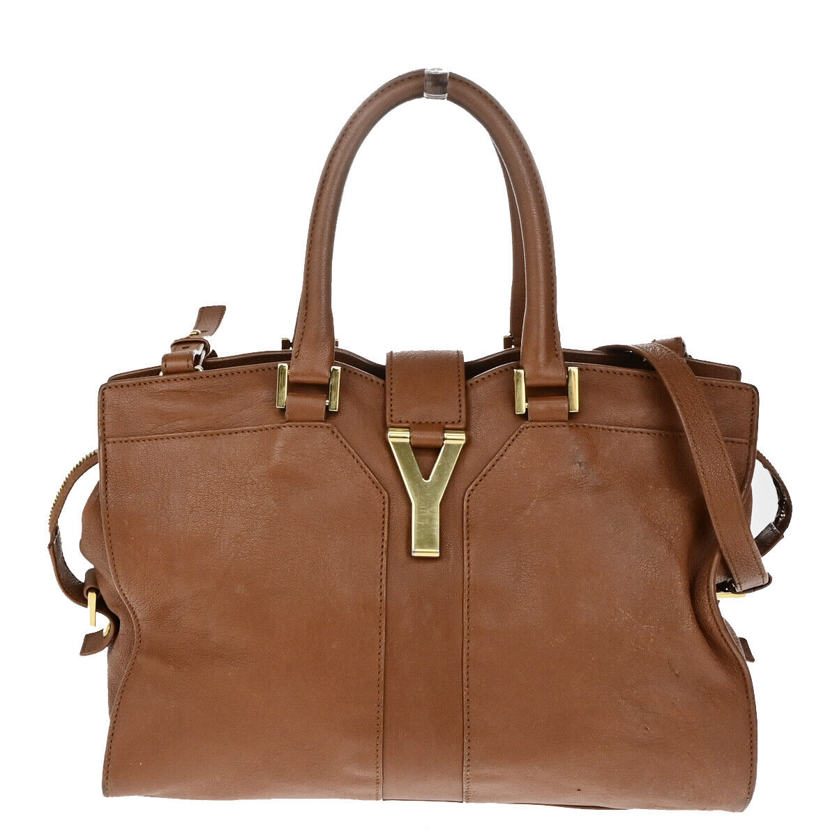 YVES SAINT LAURENT Y Cabas Chyc 2Way Shoulder Hand Bag Leather Brown GHW 73YG294