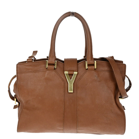 YVES SAINT LAURENT Y Cabas Chyc 2Way Shoulder Hand Bag Leather Brown GHW 73YG294